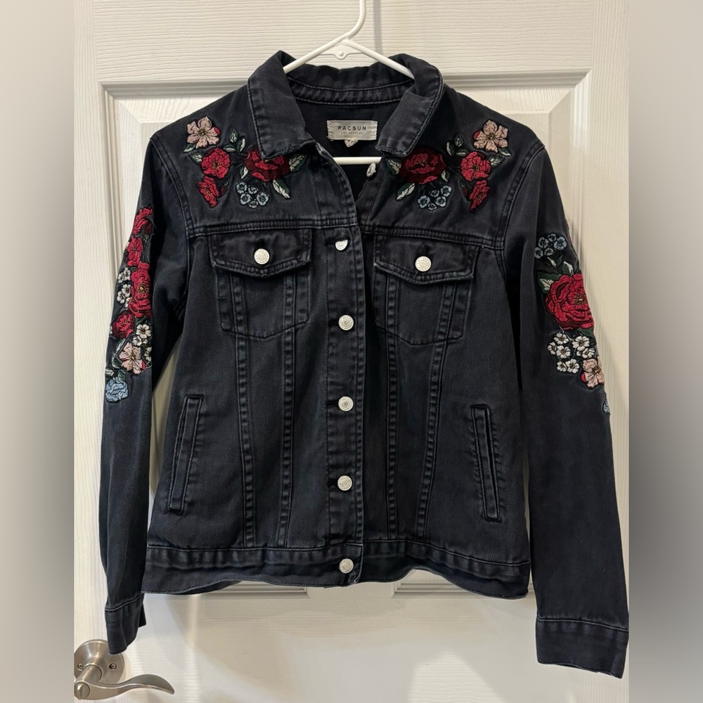 PacSun Black‎ Denim Jacket with Floral Embroidery